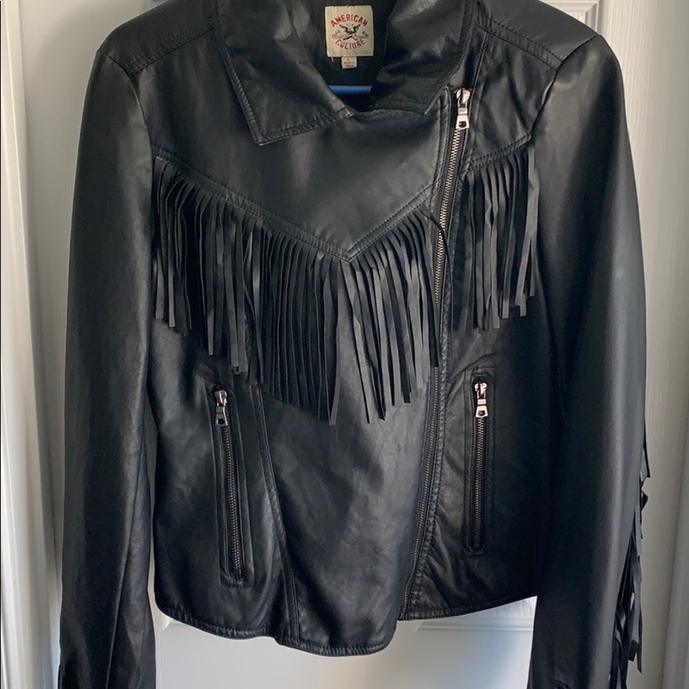 Black moto fringe faux leather jacket